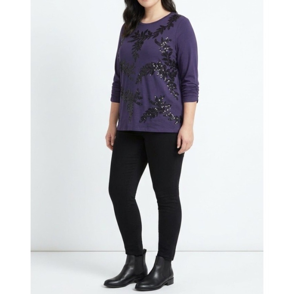 Chico's Top Size Large/2 Purple Sequin Leaf Embellished Cotton Blend Stretch
